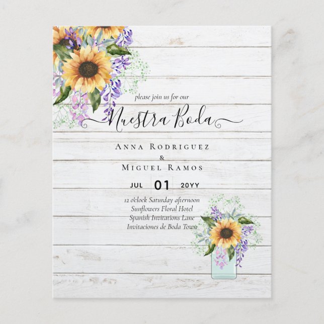 Flyer Presupuesto nuestra Boda Girasoles Flores Moradas  (Frente)