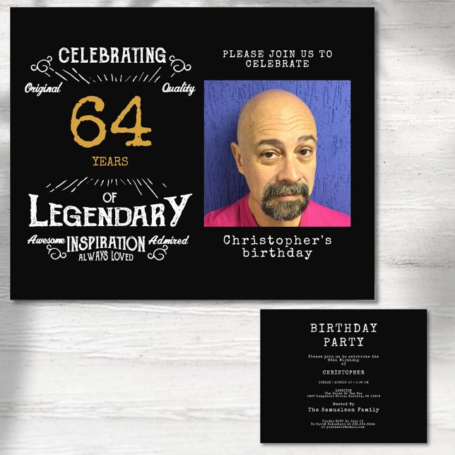 Flyer Presupuesto Oro Negro Cualquier Invitación de Cump (Black and gold budget birthday invitations with photo template.)