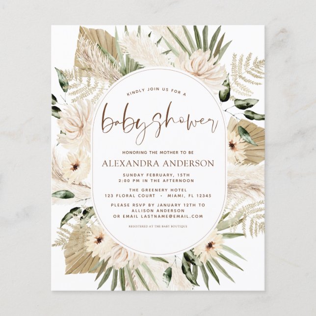 Flyer Presupuesto Pampas Grass Baby Shower Boho Eucalypt (Frente)
