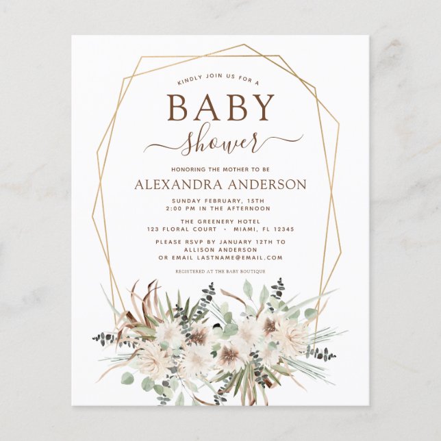 Flyer Presupuesto Pampas Grass Baby Shower Boho Eucalypt (Frente)