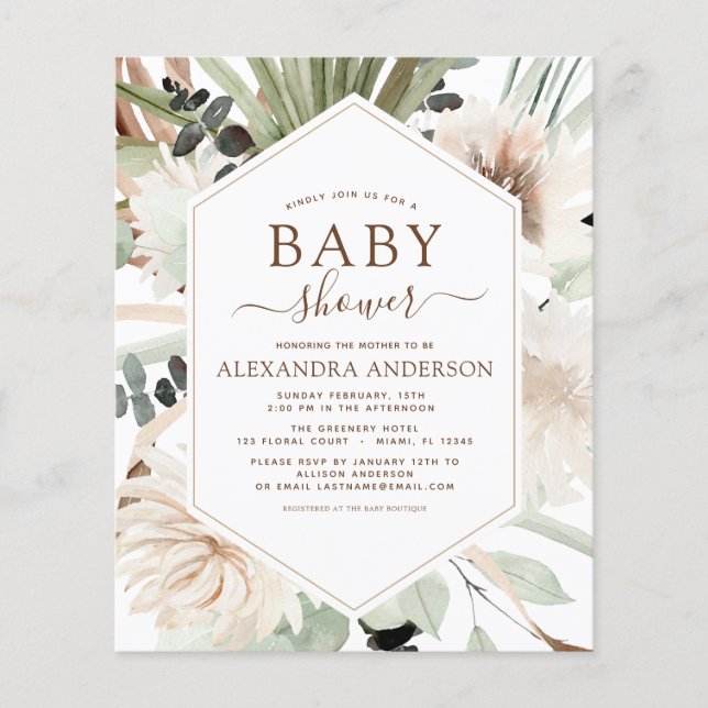 Flyer Presupuesto Pampas Grass Baby Shower Boho Eucalypt (Frente)