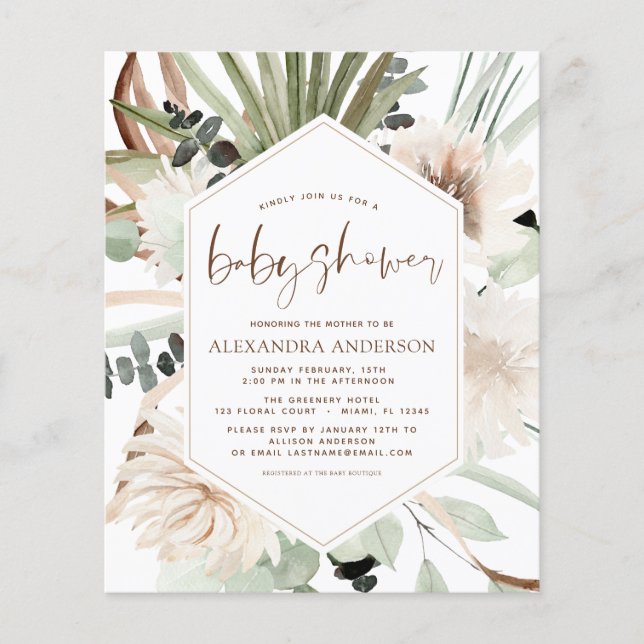 Flyer Presupuesto Pampas Grass Baby Shower Boho Eucalypt (Frente)