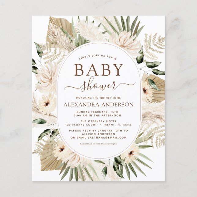Flyer Presupuesto Pampas Grass Baby Shower Boho Eucalypt (Frente)