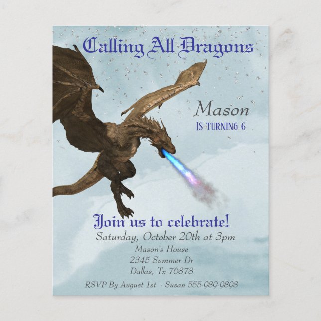 Flyer Presupuesto para cumpleaños de Wyvern Dragon Respi (Frente)