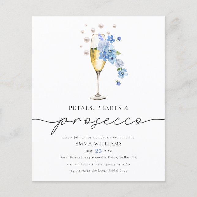 Flyer PRESUPUESTO Pétalos azules Perlas y ducha de novia (Frente)
