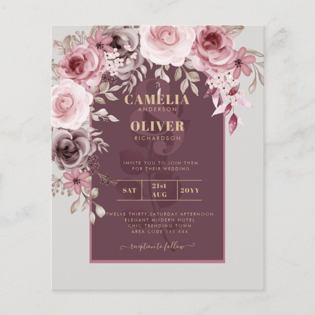 Flyer PRESUPUESTO Pink Maroon Wine Floral Wedding INVITE (Frente)