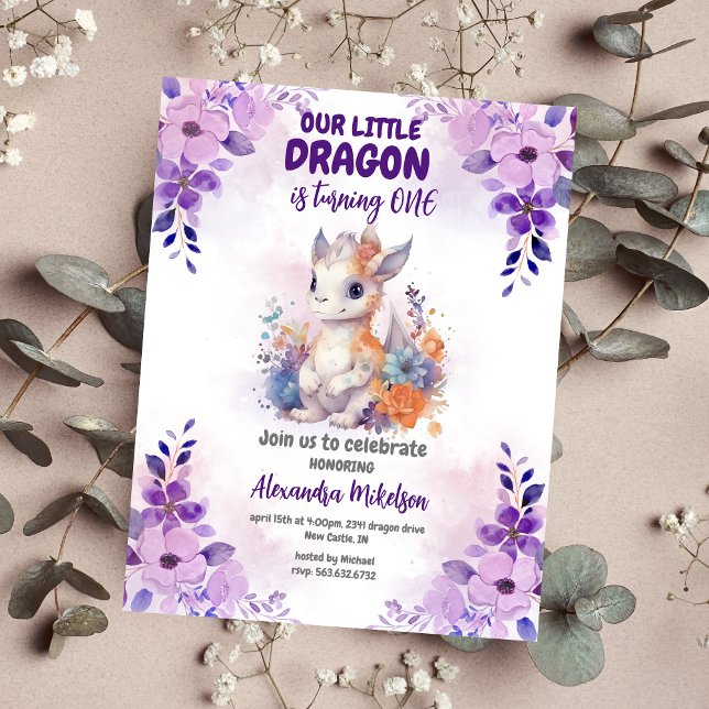 Flyer Presupuesto Púrpura Acuarela Dragón Bebé Primer Cu (Create Magic with Cute Watercolor Dragon Baby 1st Birthday Invitation )