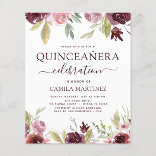 Flyer Presupuesto Quinceanera Borgoña Rubor Floral rosa