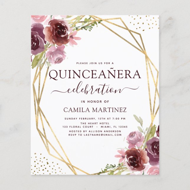Flyer Presupuesto Quinceanera Burgundy Floral Geométrica (Frente)