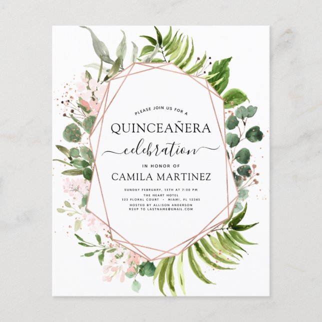Flyer Presupuesto Quinceanera Eucalyptus Rosa Geométrica (Frente)