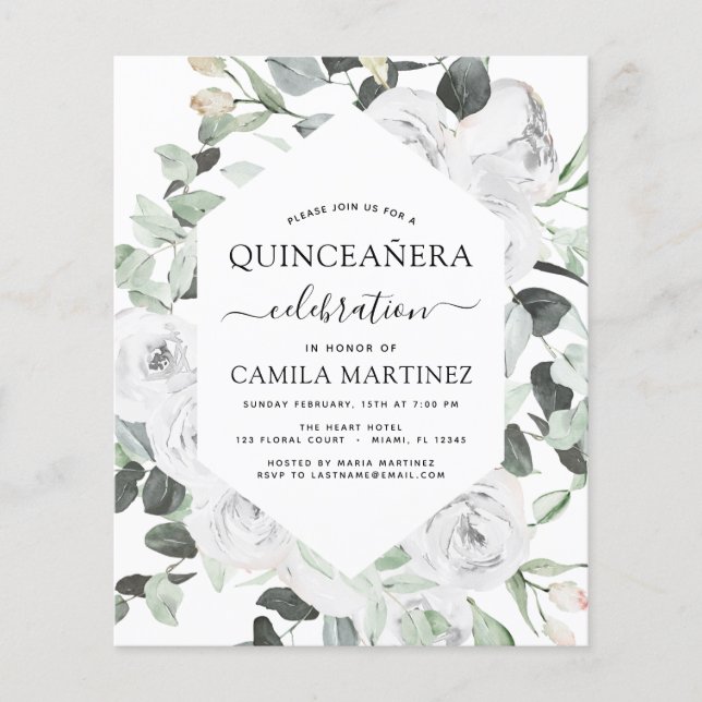 Flyer Presupuesto Quinceañera Eucalyptus Roses blancos f (Frente)