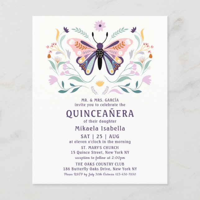 Flyer Presupuesto Quinceañera Flor de Mariposa Púrpura R (Frente)