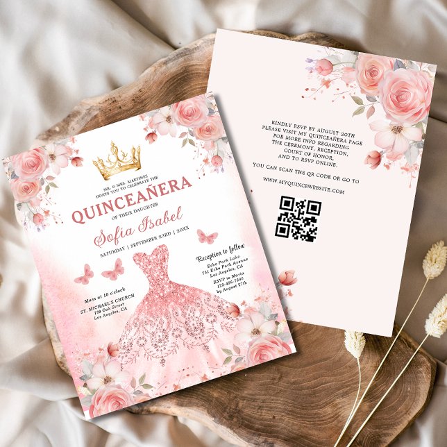 Flyer Presupuesto Quinceañera QR Código Rubor Floral ros (Subido por el creador)