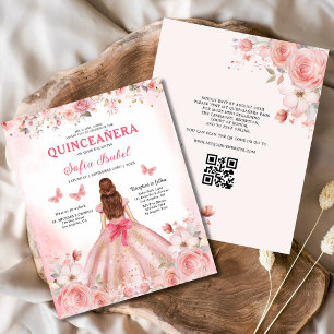 Flyer Presupuesto Quinceañera QR Código Rubor Floral ros