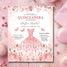 Flyer Presupuesto Quinceañera Rubor Mariposa Floral Rosa