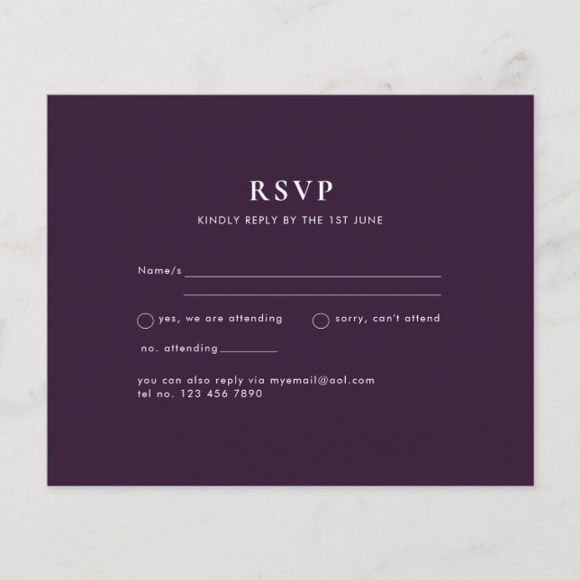 Flyer PRESUPUESTO RSVP Plum Purple Monocromo Boda modern (Frente)