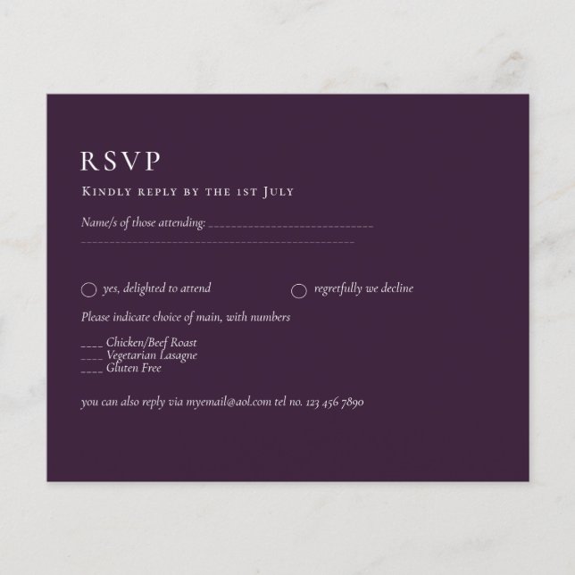 Flyer PRESUPUESTO RSVP Plum Purple Monocromo Boda modern (Frente)