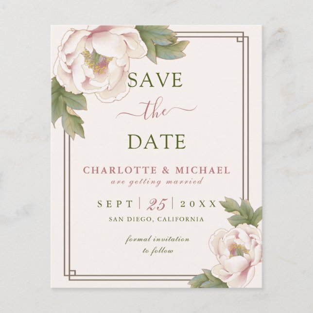 Flyer PRESUPUESTO Rubor Peony Floral Wedding Save the Da (Frente)