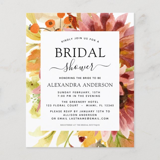 Flyer Presupuesto Sunflower Bridal Shower Burgundy Flora (Frente)
