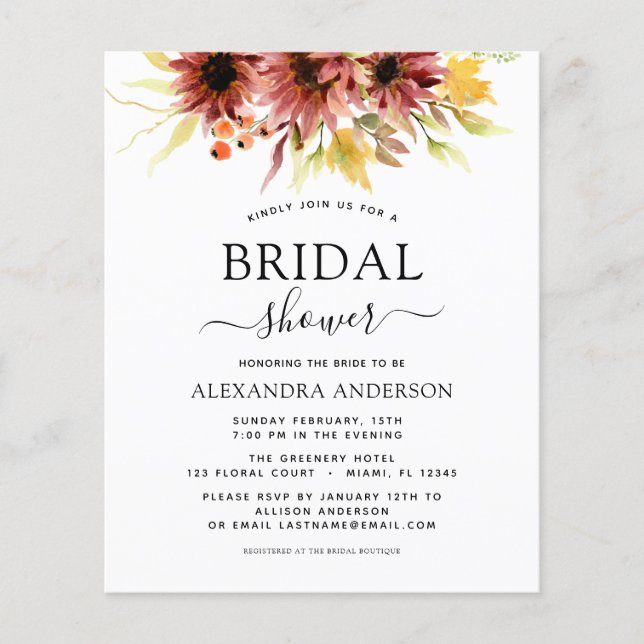 Flyer Presupuesto Sunflower Bridal Shower Burgundy Flora (Frente)