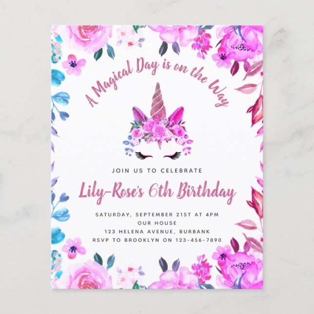 Flyer PRESUPUESTO Unicornio Face Invitación a cumpleaños (Frente)