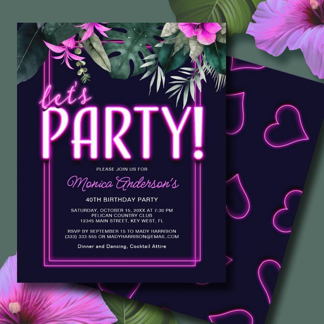 Flyer Presupuesto Vamos Fiesta Pink Neon Tropical Birthd (Budget Let's Party Pink Neon Tropical Birthday Flyer)