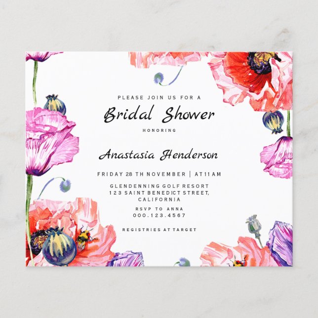 Flyer Presupuestos/Flores de amapola Ducha de novia. (Frente)