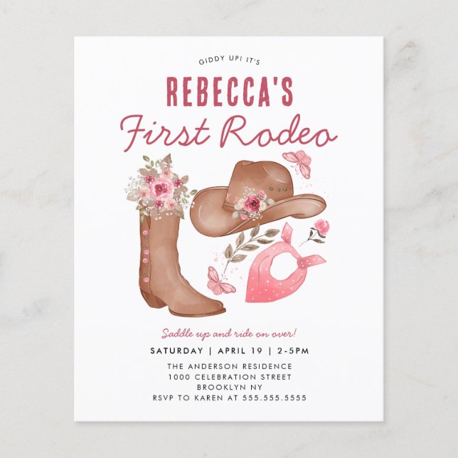 Flyer Primer cumpleaños barato de Rubor Rodeo Pink Cowgi (Frente)