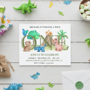 Flyer Primer Cumpleaños Salvaje Uno Bebé Dinosaurios