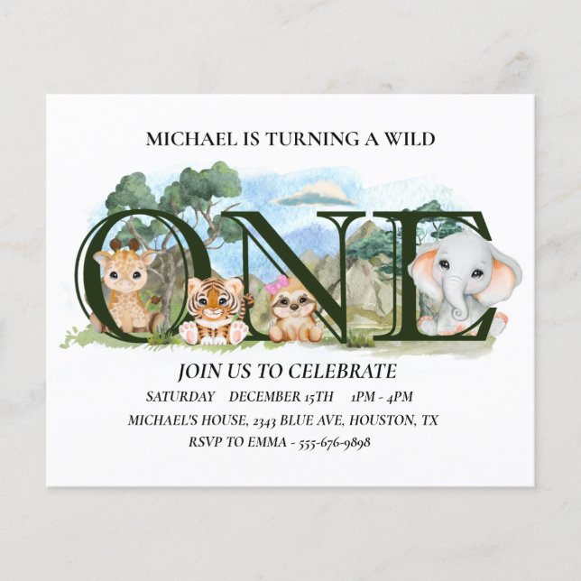 Flyer Primer Cumpleaños Salvaje Uno Safari Bebé Animales (Frente)