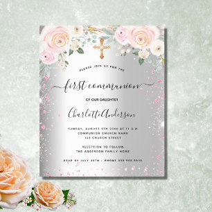 Flyer Primera comunión chica invitación floral rosa plat