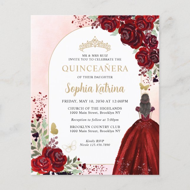 Flyer Princesa barata de oro floral borgoñona Quinceaner (Frente)