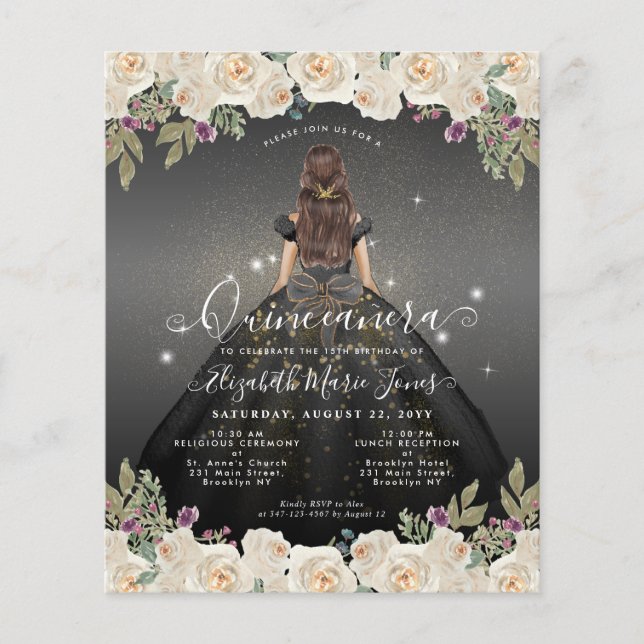 Flyer Princesa barata de oro gris negro floral Quinceane (Frente)