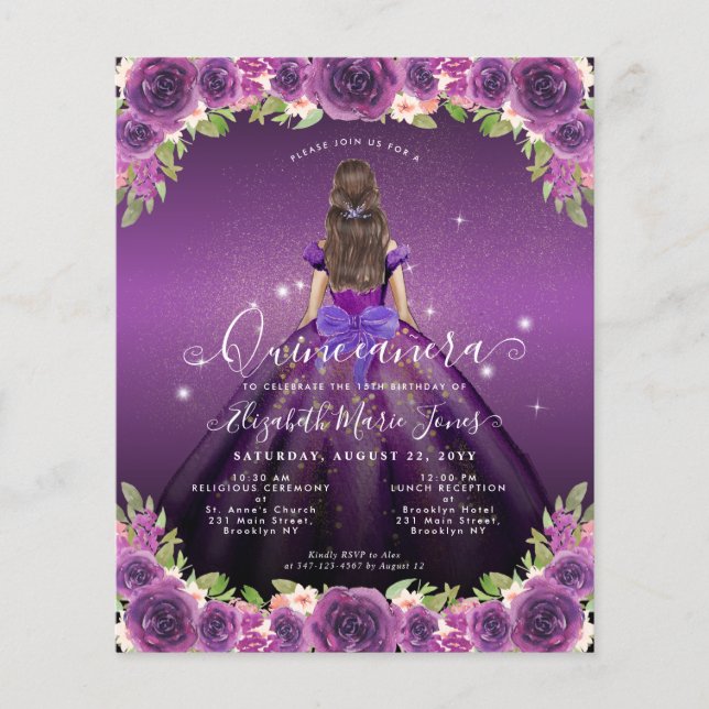 Flyer Princesa de oro morado floral barata Quinceanera (Frente)