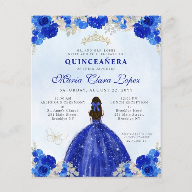 Flyer Princesa floral de oro azul barata Quinceañera (Frente)