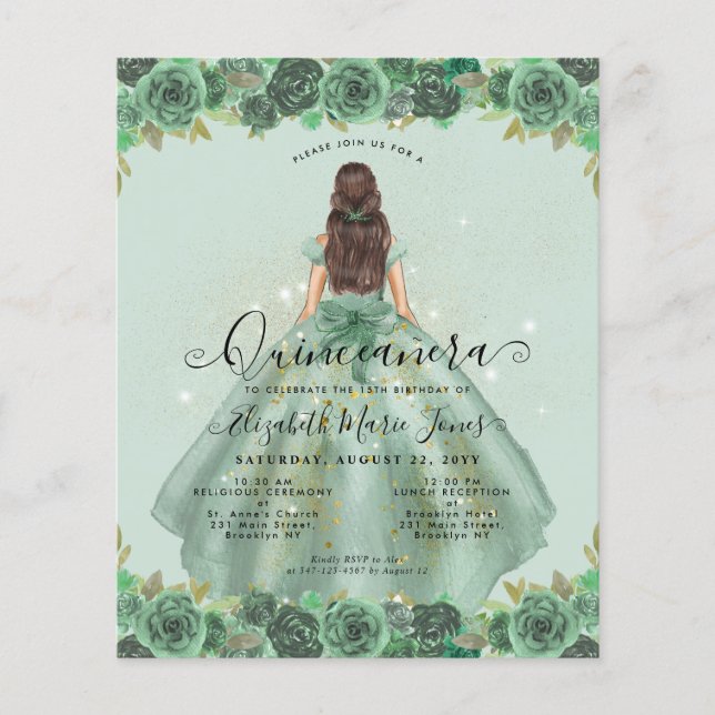 Flyer Princesa floral de oro verde barata Quinceanera (Frente)