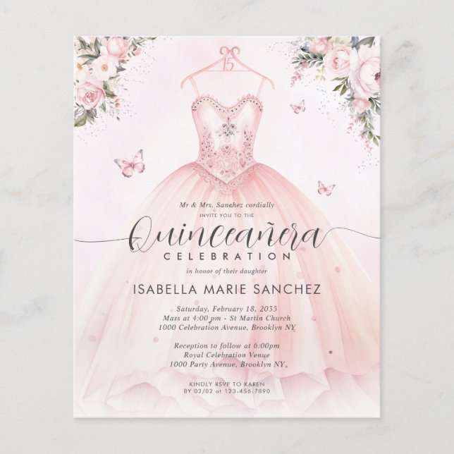 Flyer Princesa floral rosa barata de Rubor Gown Quincean (Frente)