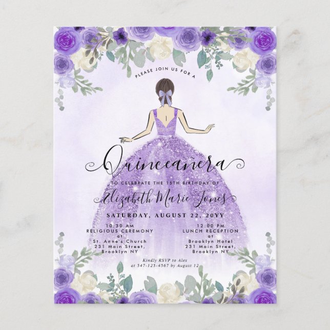 Flyer Princesa morada floral barata cumpleaños Quinceane (Frente)