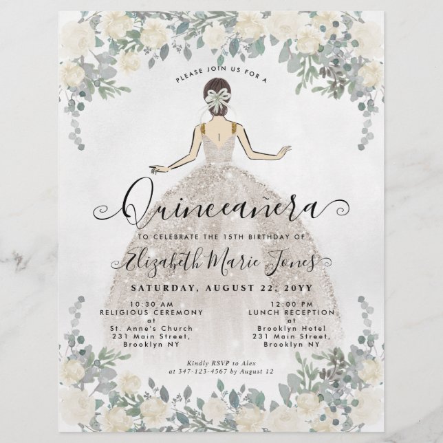 Flyer Princesa Quinceanera de Glam Blanco de Marfil con  (Frente)