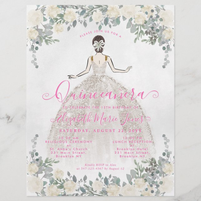 Flyer Princesa Quinceanera de marfil floral barata (Frente)