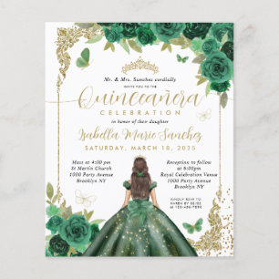 Flyer Princesa Quinceañera de oro verde esmeralda barata