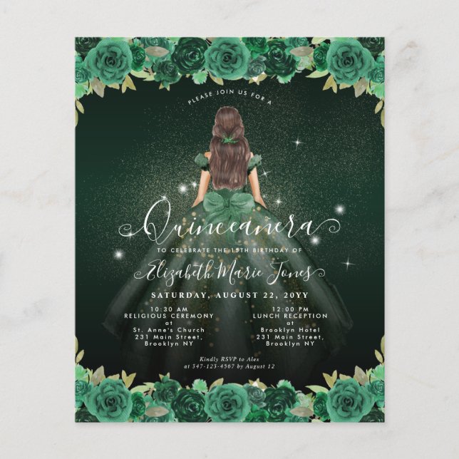 Flyer Princesa Verde Floral Barata Cumpleaños Quinceaner (Frente)
