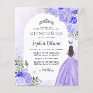 Flyer Princesa violeta morada floral barata Quinceanera