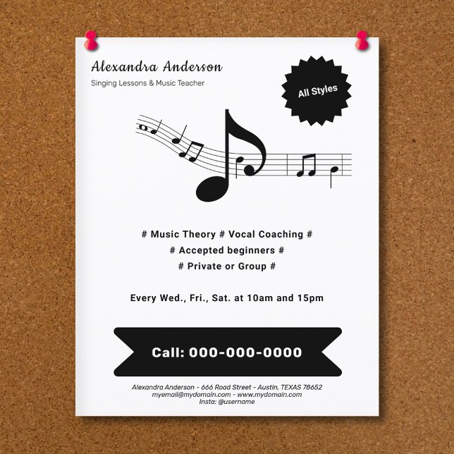 Flyer Profesor de Música Simple, Negro y Blanco (Black & White Music Teacher Flyer)
