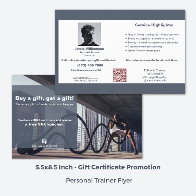 Flyer Promoción de certificado de fitness corporativo (5.5x8.5 Inch, Corporate Fitness Gift Certificate Promotion Flyer, Grey, White, Red Accent)