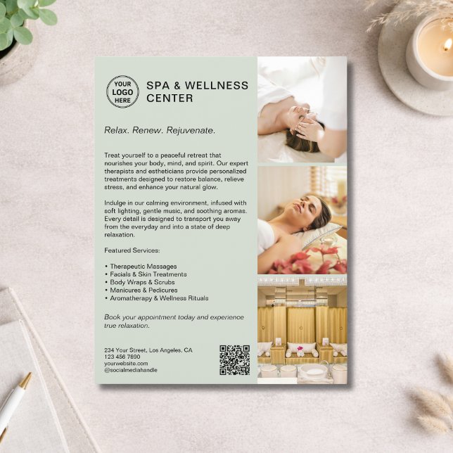 Flyer Promocional Verde Sage de Bienestar de Spa Moderno (Modern Spa Wellness Sage Green Promotional Flyer)