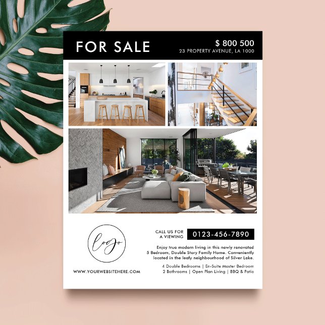 Flyer Propiedad De Comercialización De Fotos Con Logotip (Minimalist modern house for sale marketing flyer with photos and your contact details)