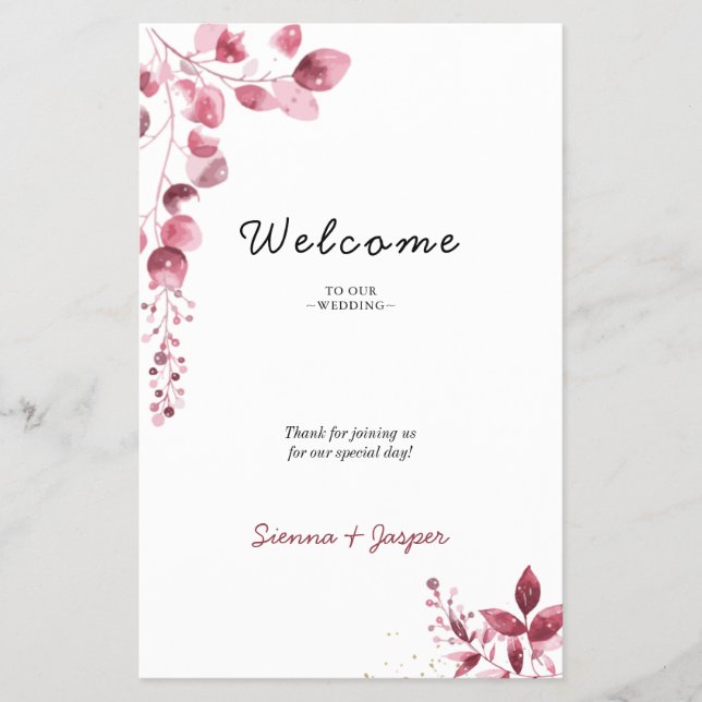 Flyer Puerta simple de Boda Rústica Borgoña Floral H (Frente)
