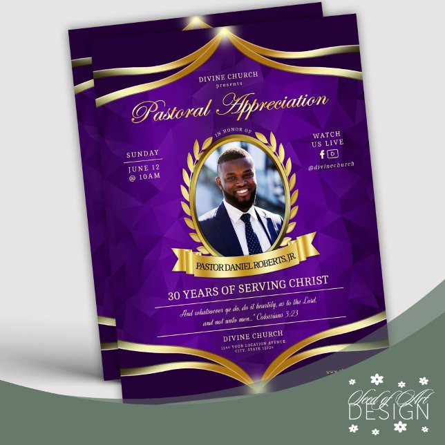 Flyer Purple Gold Pastoral Apreciación Church Service (Subido por el creador)