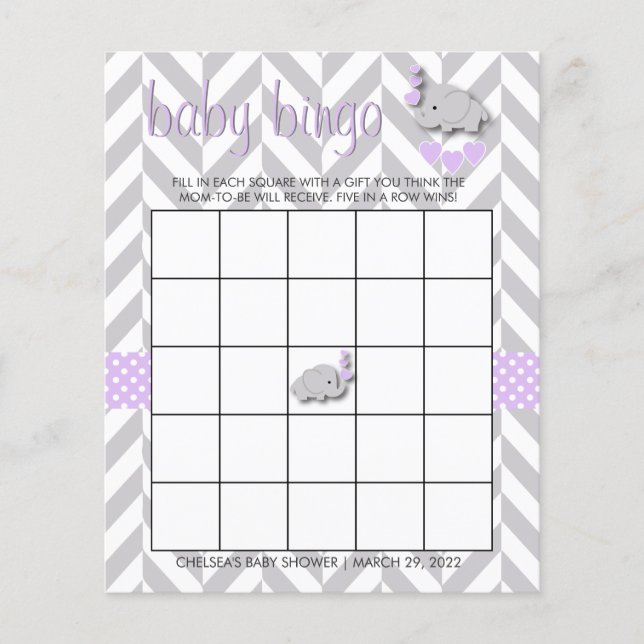Flyer Purple & Gray Elephant Baby Shower - Bingo (Frente)